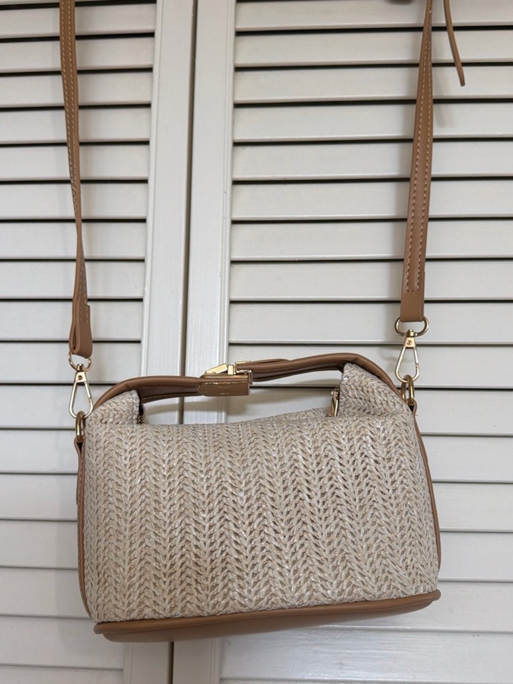 Neutral Woven Crossbody Bag with Tan Trim